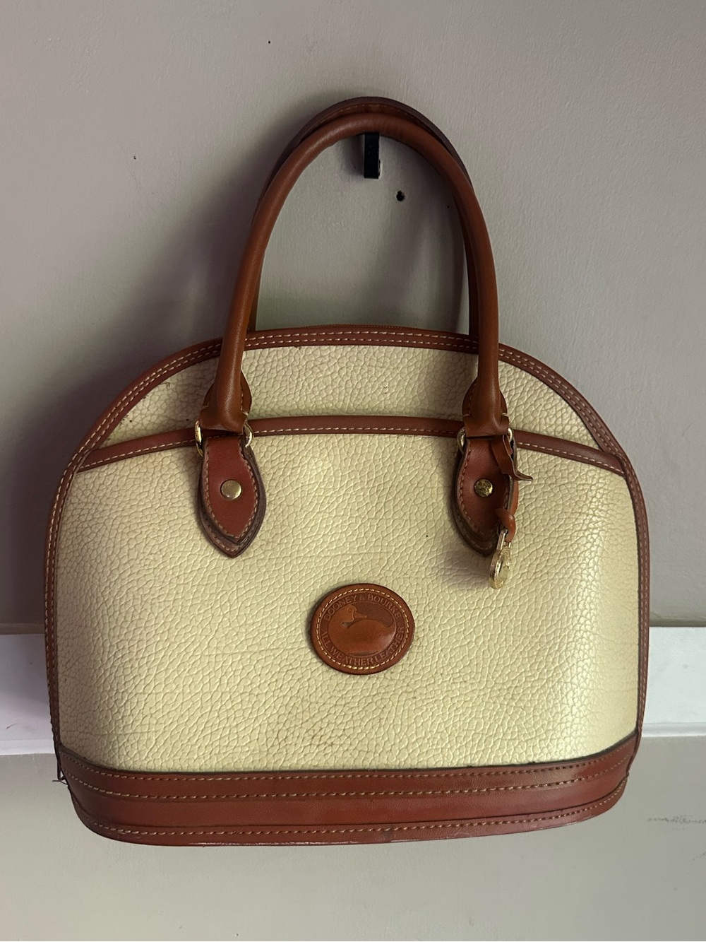 Vintage Dooney & Bourke Cream and Brown Pebbled Leather Satchel